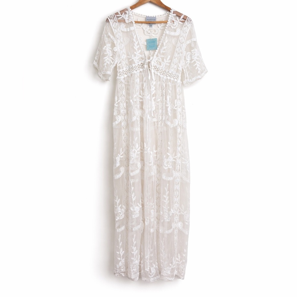 Hayden | NWT White Lace Floral Swim Cover-Up Short-Sleeve Embroidered Duster